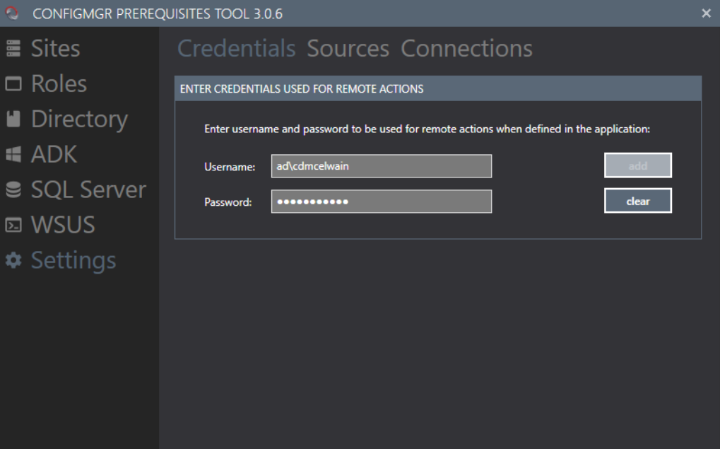 Admin Credentials for Configmger prerequisties tool